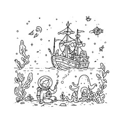 Astronaut Exploring Ocean with Ship and Sea Creatures Underwater