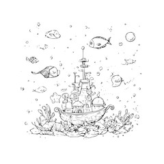 Underwater Castle Ship with Fish and Seaweed