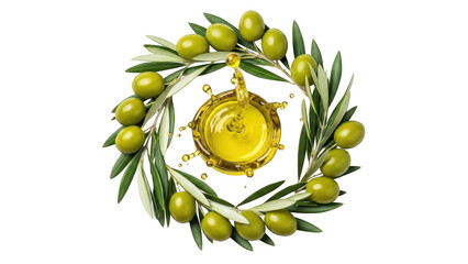 Golden olive oil pouring into a wreath of fresh olives