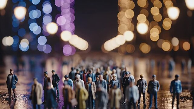 Miniature Figures with Vibrant Bokeh Background - A collection of miniature figures is arranged on a glossy surface, set against a backdrop of vibrant bokeh lights in purple, blue, and gold hues,