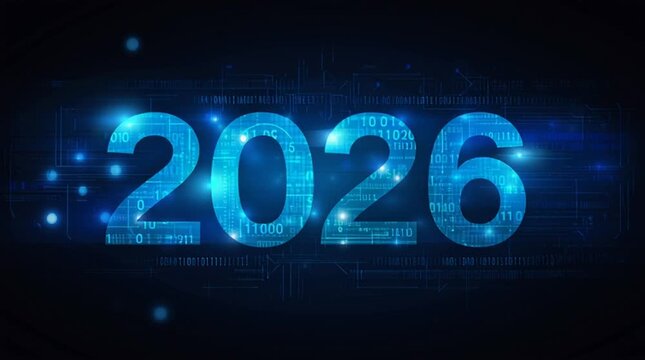 Futuristic 2026 digital background with blue glowing numbers and binary code