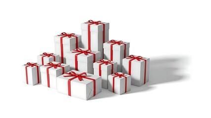 3D render of a large pile of white gift boxes tied with vibrant red ribbons and bows, isolated on a white background with soft shadows.