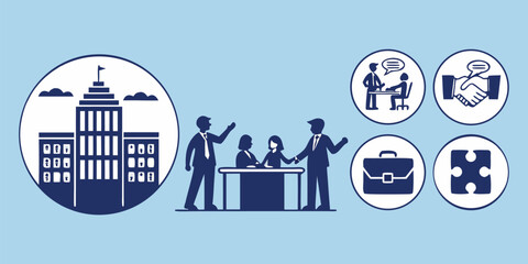 Business icons depicting corporate building a meeting and negotiation success on a blue background