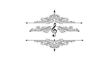 Elegant black vector music divider featuring a central treble clef surrounded by symmetrical flourishes, scrolls, and ornamental swirls.