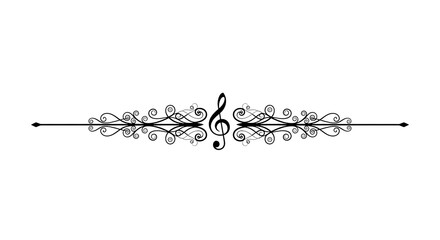 Elegant horizontal music divider featuring a treble clef surrounded by intricate black swirls and scrolls, decorative vector element