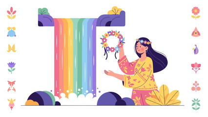 Fototapeta premium Dreamy Illustration With Rainbow Waterfall And Flower Crown Celebrating Nature