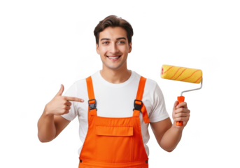 Smiling painter in orange overalls holding a paint roller isolated on transparent background