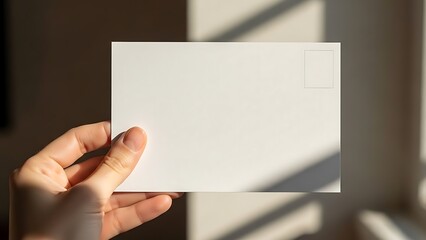 Obraz premium Close-up photo of a hand holding a blank white postcard or envelope against a wall with sharp sunlight and architectural shadows.