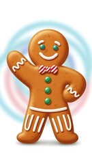 Obraz premium Cheerful 3D digital illustration of a gingerbread man character waving hello, wearing a striped bow tie and green candy buttons.
