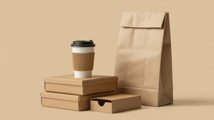 Coffee cup with cardboard boxes and a paper bag on a brown background