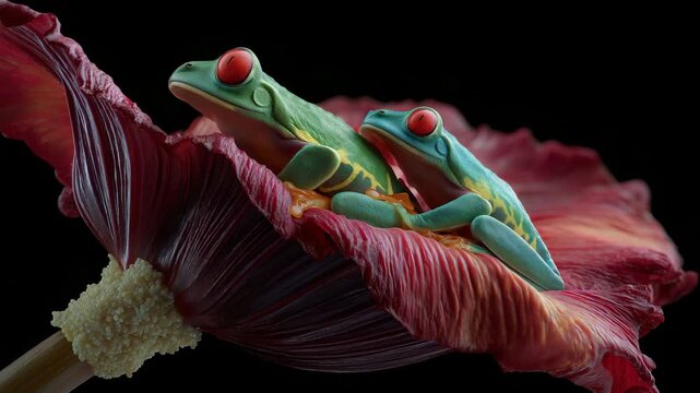 Two vibrant red eyed tree frogs resting on a deep red exotic flower with black background macro detail