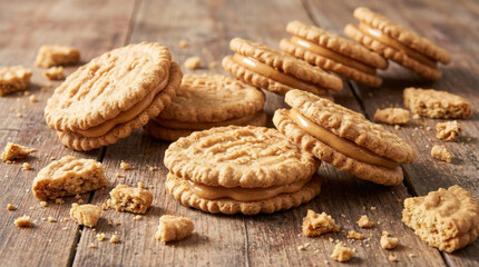Peanut butter sandwich cookies with filling and crumbs scattered on rustic wooden tabletop