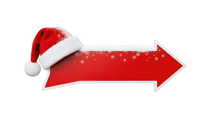Festive red arrow with santa hat and snowflakes