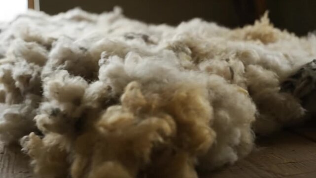 Close-Up Of Clean Sheep Wool Fleece On Wooden Table Warm Toned Natural Light Animal Fiber Texture Raw Material For