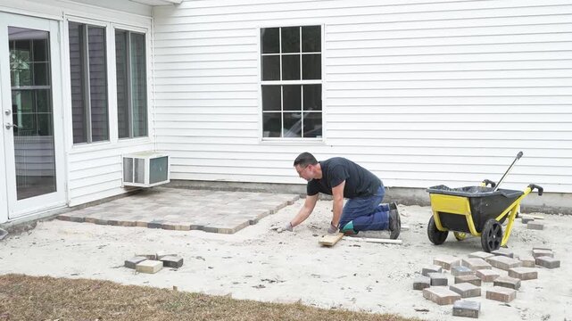 Man working on his home DIY project building a paver patio in his back yard