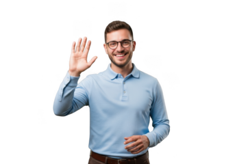 Man with glasses waving hello isolated on transparent background