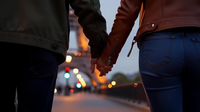 Rear view of a stylish couple holding hands walking in Paris at dusk with cinematic bokeh lights, illustrating romantic travel and urban love.