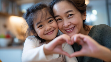 Faceless smiling foster mom child daughter taking selfie showing love heart gesture together family appreciation moment adoption gratitude display defocused home background
