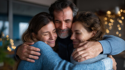 Faceless positive people hug giving support friends group therapy meeting studio emotional assistance community appreciation moment solidarity gratitude display