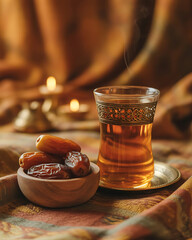 Steaming tea and dates in a wooden bowl, set on a patterned cloth, a warm inviting scene