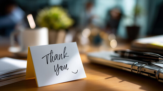 Thank you for support smile written memo office appreciation workplace recognition message professional gratitude note employee acknowledgment display defocused desk