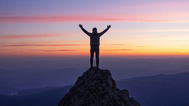 Man on Peak Reaches for Sky