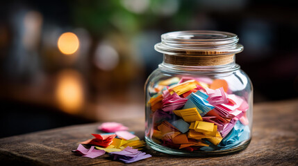 Picture of gratitude jar filled colorful slips paper daily blessings written display appreciation collection visualization thankful notes representation defocused surface