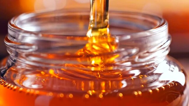 Honey streaming down, Thick golden syrup drips, Amber honey flows into jar slowly, Vivid macro shot of honey dripping into glass jar, Closeup of viscous honey pouring into container with warm rustic a