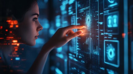 A female hand touches a bright holographic screen displaying data. generative ai