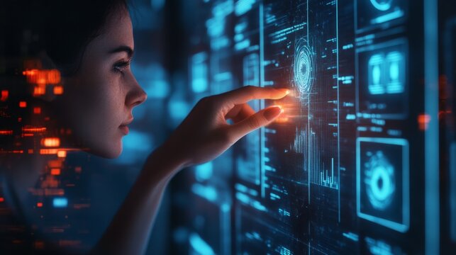 A female hand touches a bright holographic screen displaying data. generative ai