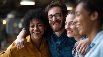 Faceless happy business partners hugging office environment celebration professional appreciation moment workplace gratitude display colleague recognition gesture