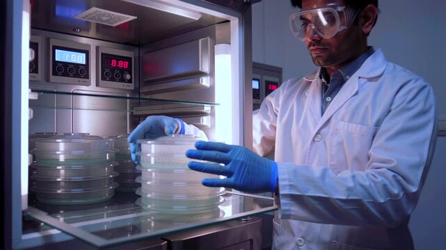 Gloved hands stacking petri dishes inside incubator in sterile laboratory technician adjusting clear agar plates on stainless shelves under cool blue lighting for microbiology research and sample incu