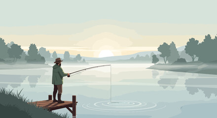 Fisherman casting line from dock at dawn serene fishing scene.