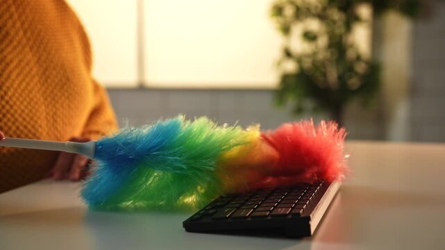A vibrant rainbow duster sweeping over a black computer keyboard, representing cleaning and technology.