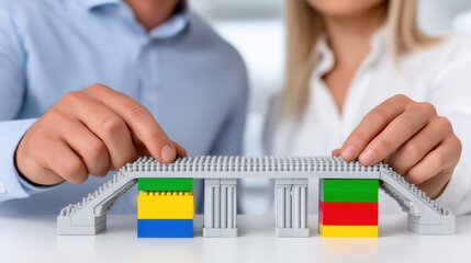Two professionals collaborating to build a bridge using colorful blocks on a table. Teamwork and creativity in business.