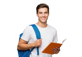 Smiling young man with backpack and book isolated on transparent background