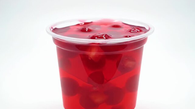 Cherry Gelatin Dessert Cup - A clear plastic cup filled with red gelatin and whole cherries. The dessert is shown against a plain white background.