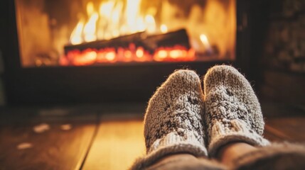 feet of a person in stockings next to a fireplace. generative ai