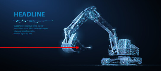 Excavator. Abstract vector 3d excavator isolated on blue background. Construction, building, heavy machine, industrial machinery, mining concept illustration   © Littlemose