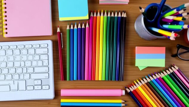 colorful school supplies arranged neatly wooden desk back school scene featuring various stationery items