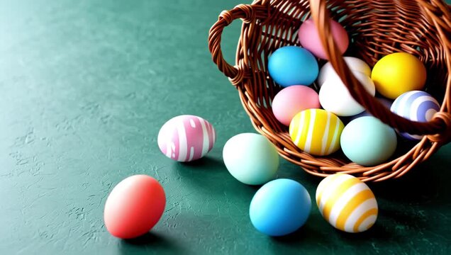 decorated easter eggs near wicker basket green surface evoke festive joyful atmosphere typically associated easter celebrations