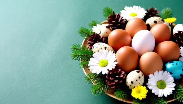 easter arrangement showcases decorative eggs lush floral accents vibrant holiday details set fresh green background
