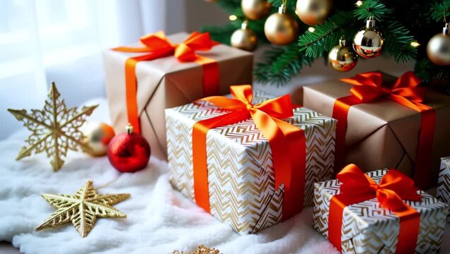 festive gift boxes adorned orange silk ribbons surrounded stylish tree ornaments decorative accents soft backdrop