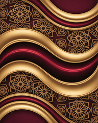 Opulent golden waves on a burgundy backdrop with intricate islamic geometric patterns