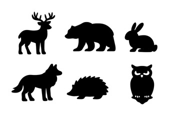 Obraz premium Wildlife Icon Set. Solid vector icons of wildlife animals: deer, bear, rabbit, wolf, hedgehog, owl No text, No labels, isolated