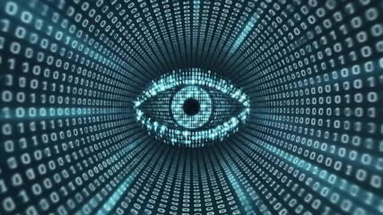 Digital eye scanning through binary code tunnel with futuristic data visualization - Powered by Adobe