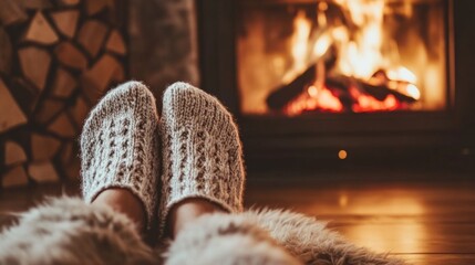 feet of a person in stockings next to a fireplace. generative ai