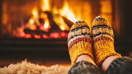 feet of a person in stockings next to a fireplace. generative ai