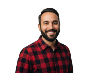 Smiling man with beard wearing red plaid shirt isolated on transparent background