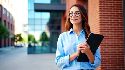 woman blue shirt holds tablet exuding confidence professionalism embodying personal professional qualities seamlessly